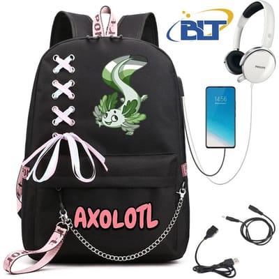 Schattige Axolotl bedrukte studentenschooltas voor meisjes zwarte rugzak usb kindertas casual tas terug naar school cadeau