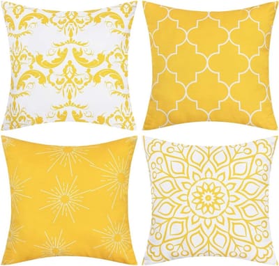 Set van 4 Decoratieve Kussenhoezen voor Buiten - Patroon Kussenhoezen voor Sofa of Kamer - Polyester 40 x 40 cm, Geel, Tuinaccessoires, Interieurdecoratie, Comfort
