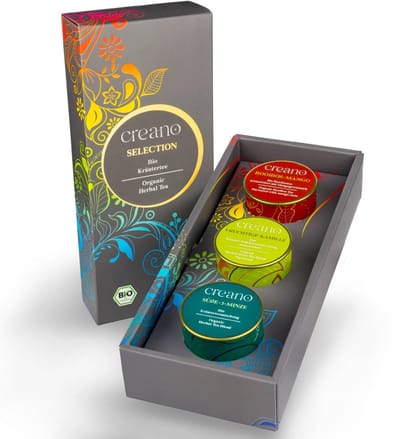Set van 3 blikjes grof gesneden biologische kruidenthee "Kruidenmix" Creano (fruitige kamille, zoete 3-munt, rooibos-mango)*