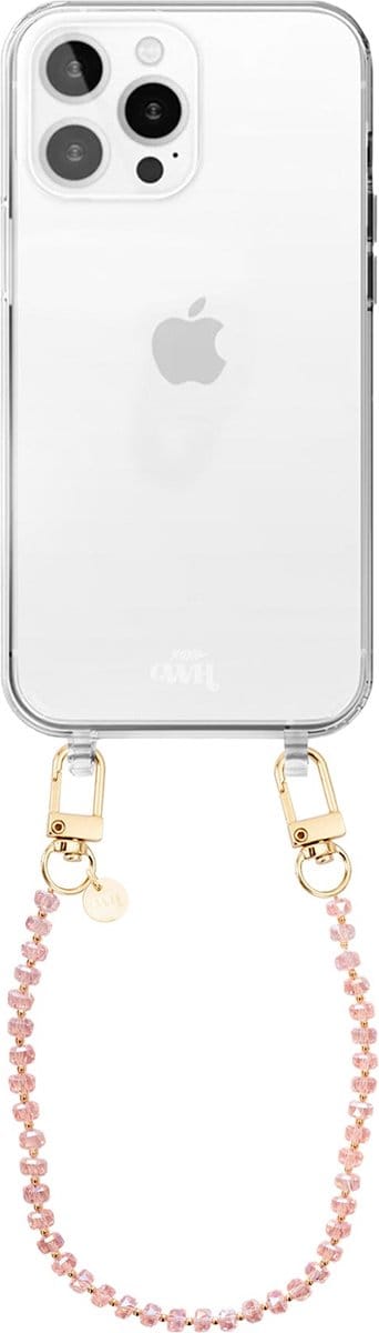 xoxo Wildhearts siliconen hoesje geschikt voor iPhone 16 Pro Max hoesje - Crystal (Roze) - Telefoonhoesje - Hoesje met koord - Kristal ketting - Kristallen met gouden details - kort telefoonkoord - Transparant hoesje