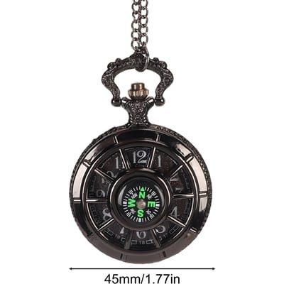 Montre de poche vintage à quartz avec cadran creux et boussole pour homme, avec chaîne, noire black