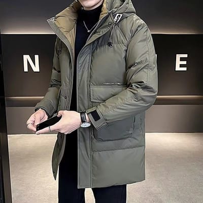 Middel tot Lange Donsjas voor Heren Winter Casual, Verdikte Warme en Koudebestendige Jas met Capuchon L groen