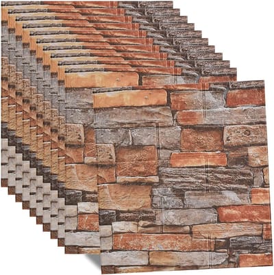 3D-wandpanelen, zelfklevend, 10 stuks, baksteenbehang, steenlook, 35 x 38,5 cm, steenbehang, waterdicht, wandbehang, zelfklevend behang voor keuken, slaapkamer, badkamer, woonkamer (rotsrood)