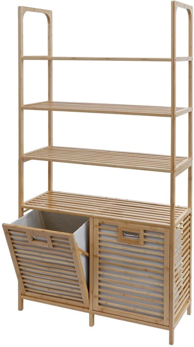 Bamboe badkamerkast MCW-N83, badkamerkast met planken, 2 wasmanden, 4 planken, afmetingen 168 x 81 x 33 cm ~ naturel, mand lichtgrijs