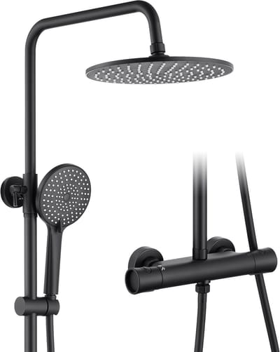 Auralum Max Regendouche met Thermostaatkraan - Doucheset Zwart - 10 inch Douchekop - Verstelbare Hoogte 102-125 cm - 3 standen Handdouche - 360° Draaibaar - Zwart
