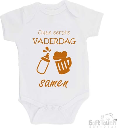 100% katoenen Romper "Onze eerste vaderdag samen" Unisex Katoen Wit/tan Maat 56/62