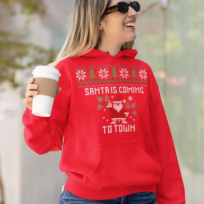 Lekker Waus Foute Kerst Hoodie Rood - Santa Is Coming To Town - Maat XS - Kerst Outfit Dames & Heren