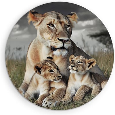 Saammp Muurcirkel Hout - Leeuwin met welpen - Kinderkamer - Dieren - Natuur - Ø 90 - Wandcirkel - Wanddecoratie Cirkel - Muurdecoratie Woonkamer - Slaapkamer decoratie - Rond Schilderij