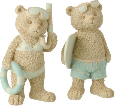 J-Line decoratie Beer Strandmeisje/Jongen - polyresin - beige/lichtblauw - small - set van 2