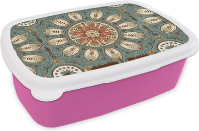 Broodtrommel Roze - Lunchbox - Brooddoos - Mandala - Retro - Bohemian - Patroon - 18x12x6 cm - Kinderen - Meisje