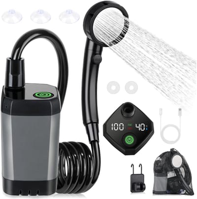 Draagbare kampeerdouche - 6000 mAh oplaadbare kampeerdouchepomp - met slim LED-display - 4 sproeistanden - IPX7 waterdichte buitendoucheset - voor wandelen, reizen, auto, huisdieren - grijs