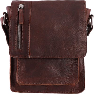 Landley Leren Schoudertasje met sluitflap - Dames en Heren - Antique Vintage Pull-up Leer - Donker Cognac / Bruin