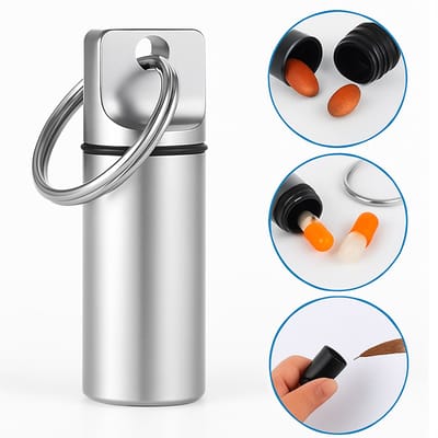 Luxe Pillendoosje Sleutelhanger I Medicijn doosje I Pil Box I Pillenkoker | Aluminium I Waterdicht I Zilver
