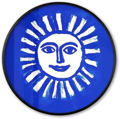 Poster in lijst Rond - Fotolijst 60x60 cm - Posters - Zon - Gezicht - Penseelstructuur - Blauw - Ronde posterlijst zwart - Decoratie - Wanddecoratie woonkamer - Muurdecoratie slaapkamer