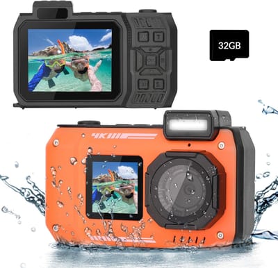 4K onderwatercamera, 10 meter waterdicht, met dubbele schermen, selfiecamera, ingebouwde 2500 mAh batterij, 48 MP autofocus, waterdichte digitale camera voor snorkelen, beginnende fotograaf, oranje