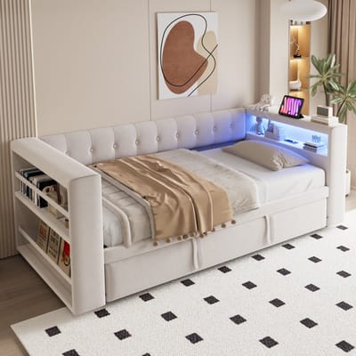 90/180x190 cm slaapbank - met uitschuifbaar bed - met LED-verlichting - stopcontact en opbergruimte - beige - zonder matras