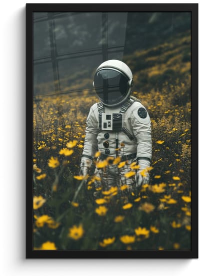 Poster in lijst - Fotolijst 40x60 cm - Posters - Astronaut - Bloemen - Veld - Geel - Posterlijst zwart - Decoratie - Wanddecoratie woonkamer - Muurdecoratie slaapkamer