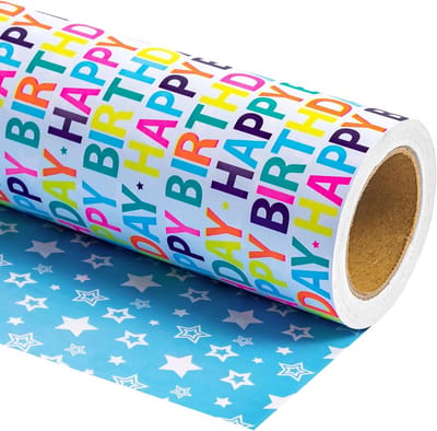 Inpakpapier Verjaardag - Cadeaupapier Rol - Geschenken Versieren - Omkeerbaar Ontwerp - 47 cm x 90 cm - Kleurrijk
