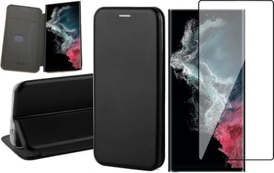 Hoesje geschikt voor Samsung Galaxy S22 Ultra - Book Case Kunstlederen Wallet Cover Minimalistisch Pasjeshouder Hoes Zwart - PET Glasfolie Screenprotector