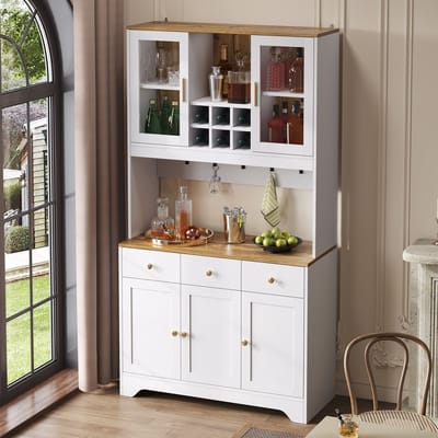 STILVORA Dressoir - Landhuisstijl Met Vitrinekast En Veel Opbergruimte - 5 Deuren 3 Lades - MDF - 94,5x30x175,5 cm - Wit+Bruin