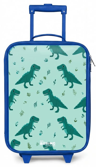 NoBoringSuitcases.com® - Kinderkoffer blauw - Kindertrolley jongen - Vriendelijke T. rex tussen sporen - Koffer kind lichtgewicht - Reiskoffer trolley voor kinderen - Koffertje met lichtgevende wieltjes - Rolkoffer