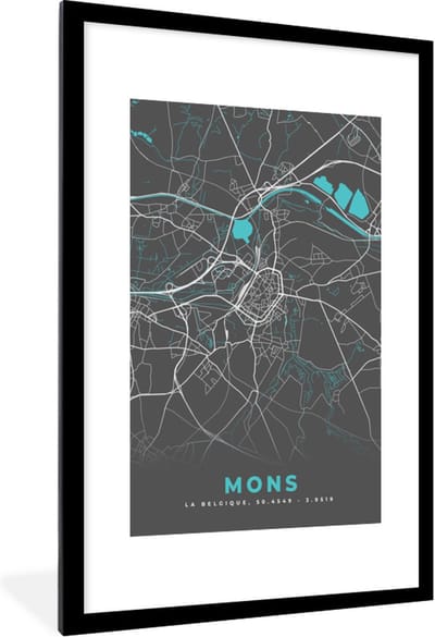 Fotolijst incl. Poster - Stadskaart – Grijs - Kaart – Mons – België – Plattegrond - 80x120 cm - Posterlijst