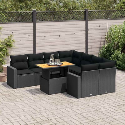 vidaXL - 9-delige - Loungeset - met - kussens - poly - rattan - zwart