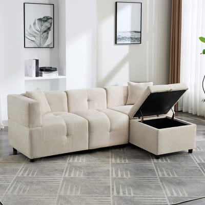 Sweiko 3-zitsbank - met Opbergruimte - Hoekbank - L-vormige bank - 2 kussens - Beige