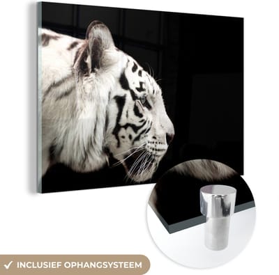 MuchoWow® Glasschilderij 60x40 cm - Schilderij acrylglas - Tijger - Wit - Zwart - Foto op glas - Schilderijen