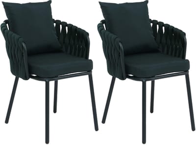 Set van 2 aluminium eetkamerstoelen MCW-P89, binnenstoel met armleuningen, stof/textiel (180 g/m²) touwvlechtwerk ~ groen
