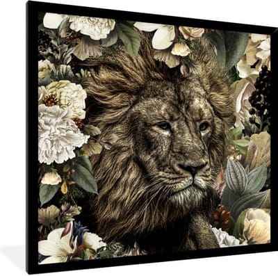 Fotolijst incl. Poster - Leeuw - Bloemen - Blad - 40x40 cm - Posterlijst