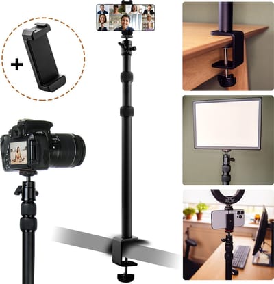 MOJOGEAR DS1 statief met tafelklem en telefoonhouder — Van 43 tot 102 cm — Voor tafel/bureau tot 5cm dik — Inclusief 360 graden draaibare statiefkop — Zwart