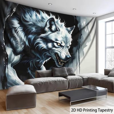 Fier Wit Wolf Wandkleed, Agressieve Dierlijke Kunstprint, 3D Realistische Wolf Wanddecoratie Voor Woonkamer Slaapkamer 100x150cm39x59in