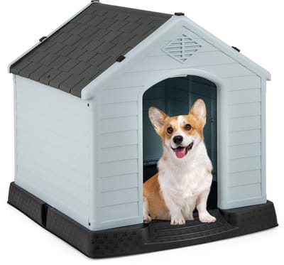 COSTWAY Hondenhok, hondenhuis van kunststof, hondenhol met verhoogde bodem en waterdicht dak, huisdierhok, hondenmand, voor tuin, binnen en buiten, 70 x 65 x 71,5 cm, grijs