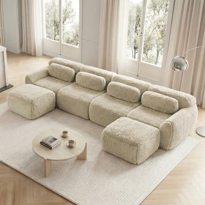 DESMIU U-Bank 378 x 179 x 73 cm - Modulair Vrij Combineerbaar Met Kussens En Antislip Onderzijde - Voor Woonkamer - Pluche Licht Khaki