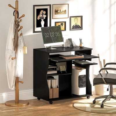 MODFU - Computertafel - Met Wielen En Toetsenbordplank - Modern - Hout - Zwart - 80 X 48 X 75 Cm