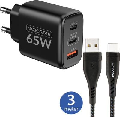 MOJOGEAR CHARGE+ 65W snellader met USB naar USB-C kabel 3 meter