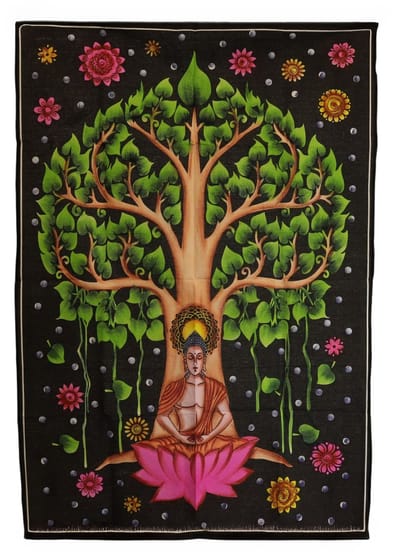 Ancient Wisdom - Wandkleed - Katoenen wanddecoratie 70x110cm Boeddha Bodhiboom - muurdecoratie - interieur - kunst - boeddhisme - vintage - decoratie