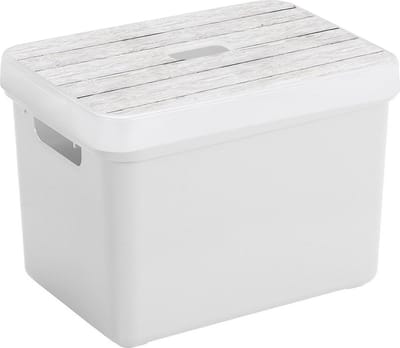 Sunware Opbergbox - wit - 18L - kunststof - met houtkleur deksel - 35 x 25 x 24 cm