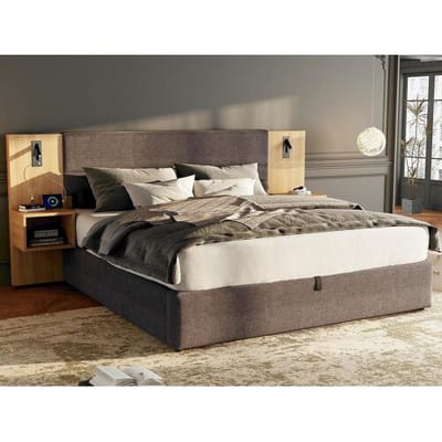 ModernLuxe Breed opbergbed 160x200 cm bekleed met fluweel - met USB-poort en LED - 2 nachtkastjes - Grijs & Naturel