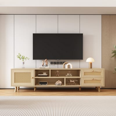 TV Meubel - 160 cm Breed - Rattan Design - Voor 70 Inch TV - Kabelmanagement - Houtkleur