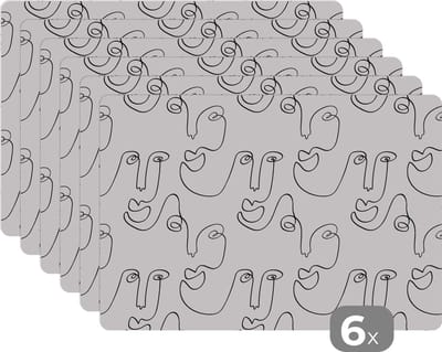 Placemat - Placemats kunststof - Line Art - Gezicht - Patronen - 45x30 cm - 6 stuks - Hittebestendig - Anti-Slip - Onderlegger - Afneembaar