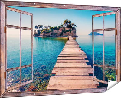 Gards Tuinposter Doorkijk Pad op het Water naar een Grieks Eiland - 180x120 cm - Tuindoek - Tuindecoratie - Wanddecoratie buiten - Tuinschilderij