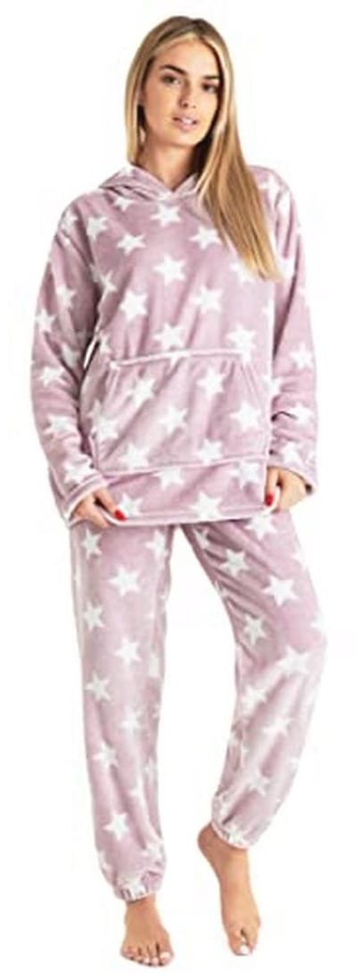 Fleece Pyjama met Capuchon voor Dames en Tieners - Cozy Loungewear Set in Roze Star, Maat L