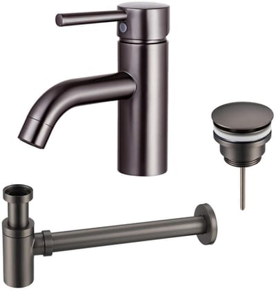 FugaFlow Eccelente Sobrado Badkamer Wastafelkraanset - lage wastafelkraan - klikwaste plug - verlaagde design sifon - PVD Gepolijst Gunmetal