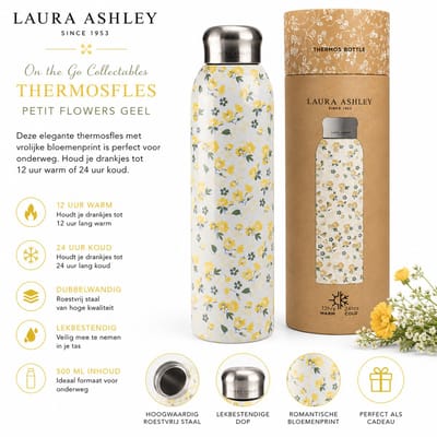 Laura Ashley Thermosfles - Thermosbeker - Dubbelwandig RVS - Lekvrij - Petit Flowers Geel