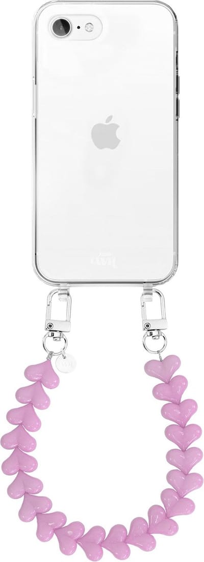 xoxo Wildhearts siliconen hoesje - Geschikt voor iPhone 7 Plus / 8 Plus hoesje - Funky Hearts - Telefoonhoesje - Hoesje met koord - roze koord - kort telefoonkoord - Hartjes ketting - Transparant hoesje