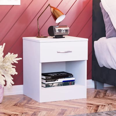 Famanu – Grote witte nachtkastje met 1 lade, metalen handgrepen en runners, ideaal voor slaapkamer
