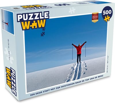 Puzzel Een skiër stapt met zijn skistokken naar de top van de berg - Legpuzzel - Puzzel 500 stukjes