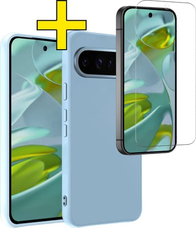 Hoesje - Met Screenprotector - Geschikt voor Google Pixel 9 Pro - Sterk & Shockproof - Back Cover - Siliconen Case - Telefoon Hoes - Telefoonhoesjes - Lichtblauw